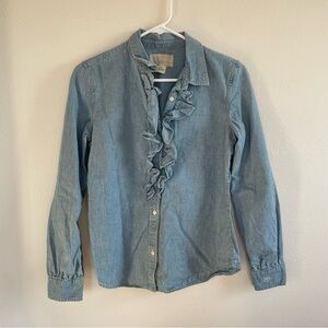 Light Blue Denim Ruffle Button-Up Shirt